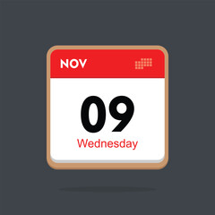 wednesday 09 november icon with black background, calender icon