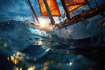 Sailing boat in the sea with splashes, close-up