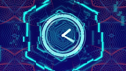 Animation of clock ticking over neon pattern on dark background - Powered by Adobe