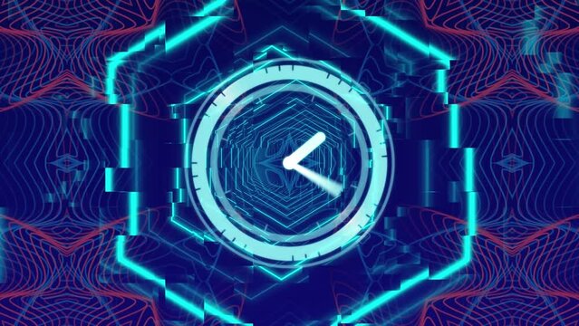 Animation of clock ticking over neon pattern on dark background