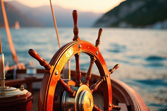 Steering wheel of a sailing ship in the sea at sunset