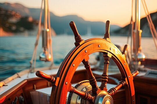 Wooden steering wheel of a sailing boat at sunset