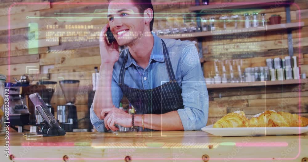 Poster animation of programming language and smiling caucasian male barista talking over cellphone in cafe