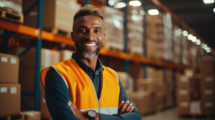 portrait of African American warehouse manager standing in a large distribution center, Logistic import export concept.
