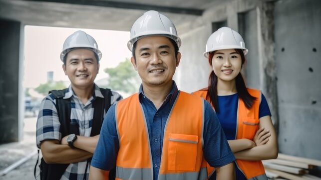 Group of Asian Engineer and architect standing at construction property site.