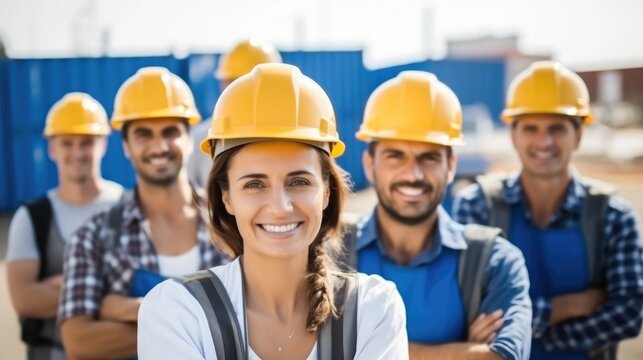 Group of various nationalities engineer corporate workers standing at construction site.