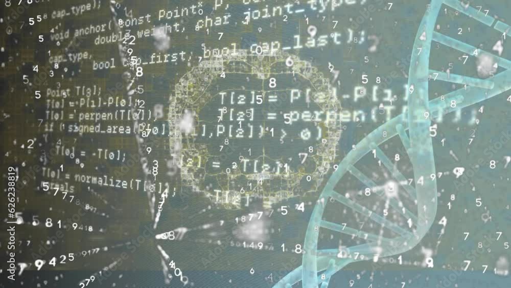 Poster animation of computer language over changing numbers, brain and dna helix on abstract background