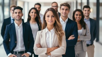 Obraz premium Smiling group of diverse young business people standing together in a modern office, Successful creative business team.