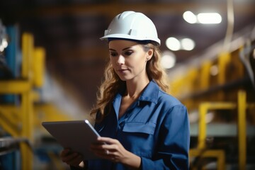 Industrial worker using digital tablet while supervising production at plant.