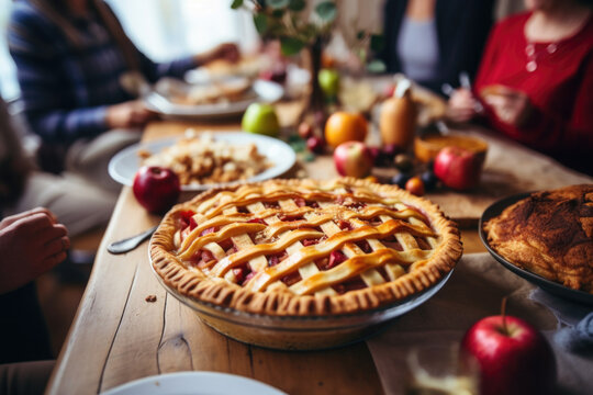 Thanksgiving family dinner. Traditional apple pie and vegan meal close up, with blurred happy people around the table celebrating the holiday.