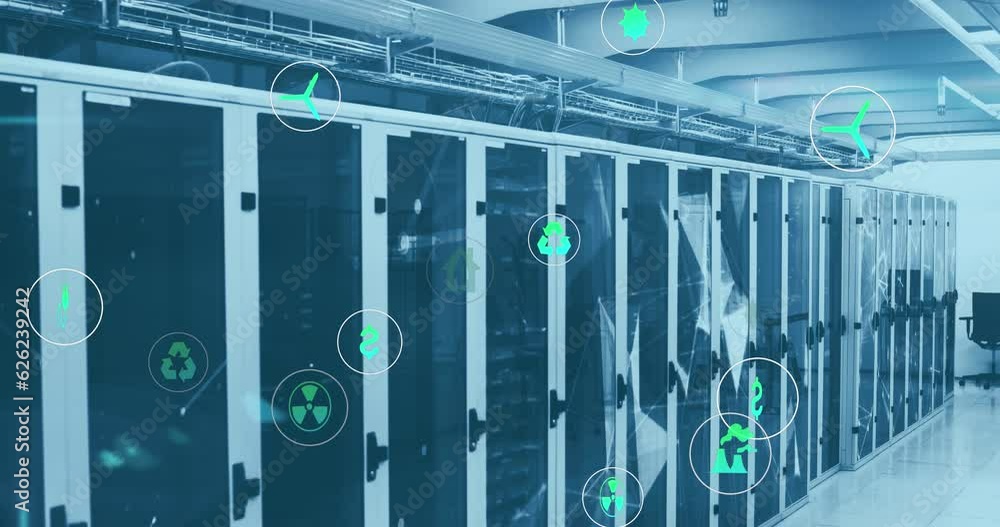Poster animation of icon in circles over connected dots against server room in background