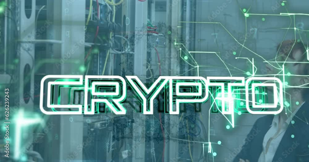 Poster animation of crypto text over illuminated map pattern, caucasian female engineer checking server