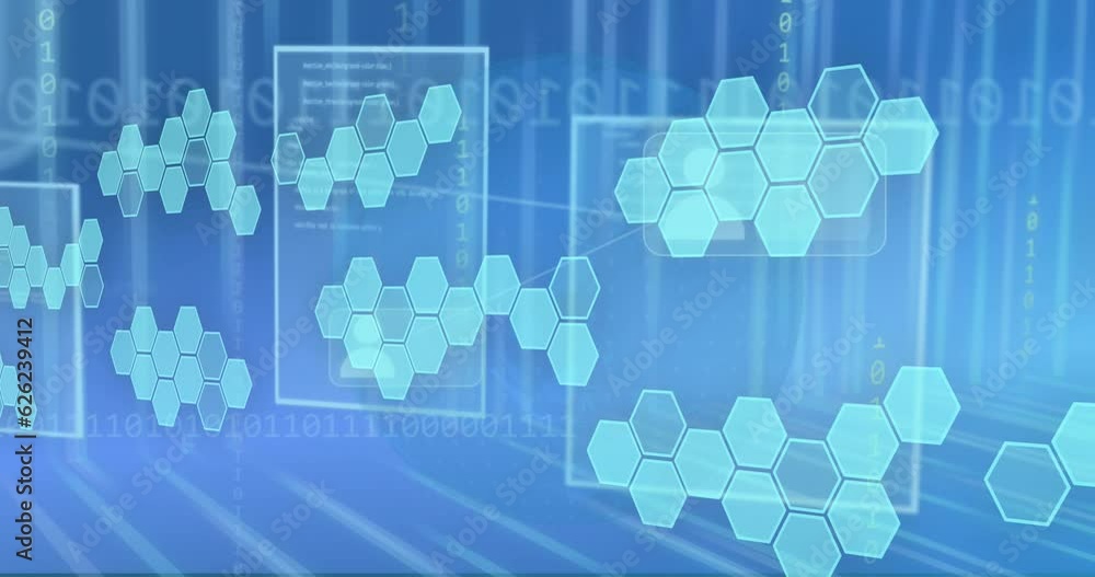 Poster animation of profile icons over hexagons pattern, binary codes against blue background