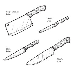 Hand drawn sketch style knives set. Large Cleaver, Steak, Utility and Chef's knives. Best for restaurant menu , kitchen and food designs. Vector illustrations.