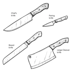 Fotobehang Hand drawn sketch style knives set. Large Cleaver, Bread, Paring and Chef's knives. Best for restaurant menu,  kitchen and food designs. Vector illustrations. © Sketch Master