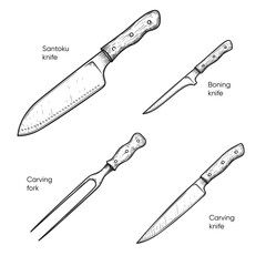Hand drawn sketch style knives set. Santoku, boning, carving knives and carving fork. Best for restaurant menu,  kitchen and food designs. Vector illustrations.