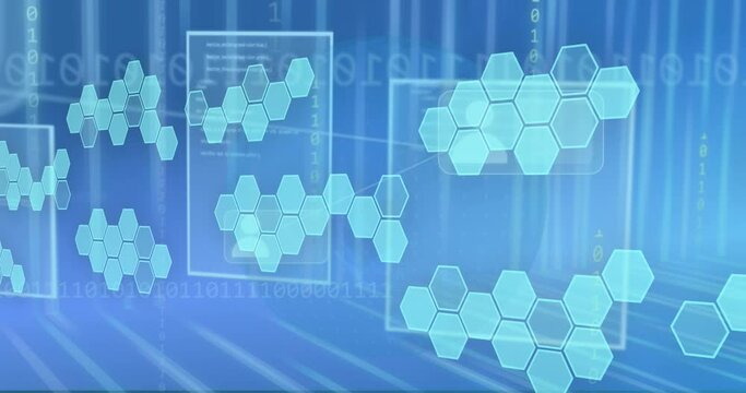 Animation of profile icons over hexagons pattern, binary codes against blue background