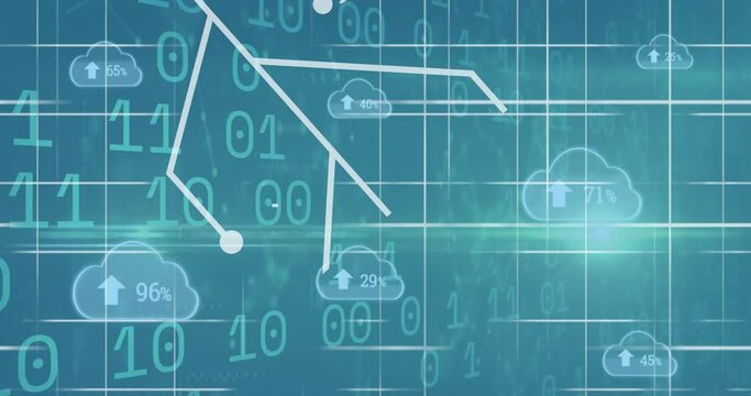 Animation of arrow, countdown from 0 to 100 in clouds against binary codes on abstract background