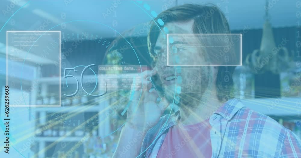 Poster animation of 5g text over text, globes and loading circles over caucasian man talking on cellphone