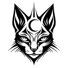 Magic moon cat. Сat head symmetrical abstract vintage drawing vector graphics black and white drawing