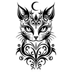 Mystical cat face with crescent moon on forehead, black and white vector line art, spiritual feline symbol.