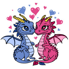 Two cute dragons, couple of mythical creatures in love.Cute cartoon couple of dragons. Vector illustration on a white background with hearts.For Print, Vinyl Cutting, Scrapbooking, Sticker