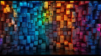 Kaleidoscopic Heights - Colorful Light-Up Boxes Stacked on Purple Background in the Vibrant Style of Colorful Cubism, generative AI
