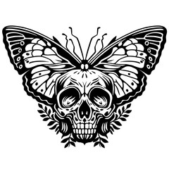 Skull butterfly vector.A stunning black and white line art illustration of a skull with a butterfly body, intricately Hand drawn to capture its beauty and mystery