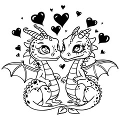 Two cute dragons, couple of mythical creatures in love.Cute cartoon couple of dragons. Vector illustration on a white background with hearts.For Print, Vinyl Cutting, Scrapbooking, Sticker, T shirt