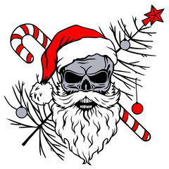 Grunge Christmas skull Santa with candy cane and pine branches. Cool edgy holiday clipart for t-shirts, tattoos, posters, or cut file projects