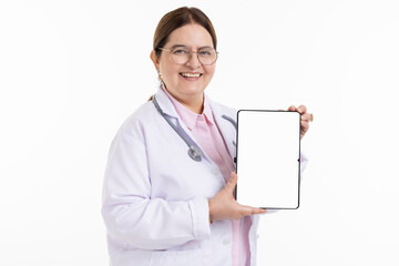 Female doctor in lab coat holding digital tablet.