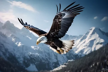 Foto op Canvas A majestic bald eagle in flight, its wings outstretched against a backdrop of snow-capped mountains, a symbol of freedom and strength. © Tachfine Art