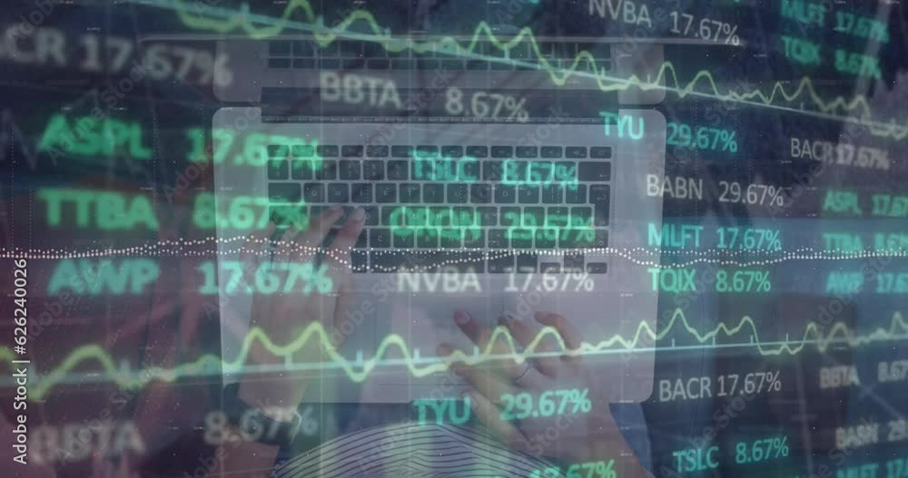 Poster animation of financial data processing over laptop