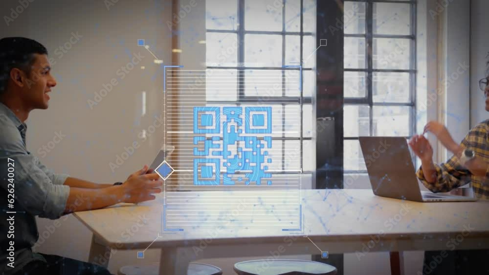 Poster animation of qr code with data over diverse business people in office