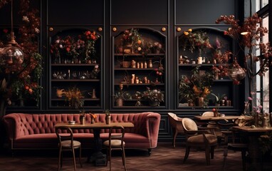 Step into the ambiance of an elegant cafe with a dark, earthy background that exudes sophistication and charm. Generative AI