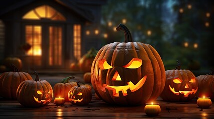 Fototapeta premium Glowing Halloween pumpkins with candles create a spooky atmosphere. Magical autumn celebration of jack-o-lanterns.