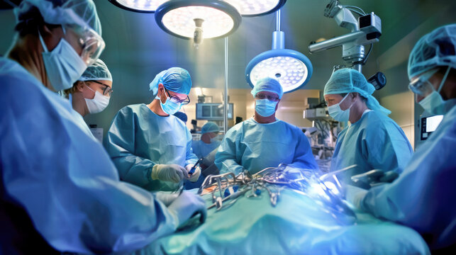 Team of professional surgical doctors and assistants in a medical emergency surgery in a clinic. Group of surgeons in hospital operating room performing an operation on a patient. Generative Ai