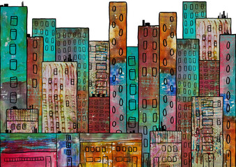 Colorful mixed media cityscape, digital collage and digital drawing
