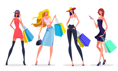 Women with colorful shopping bags. Elegant models vector illustration isolated on white background.	