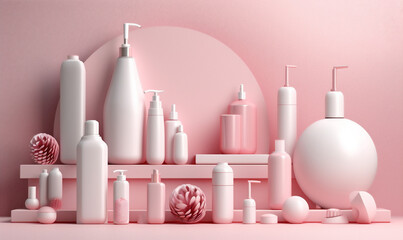 care woman layout bottle cosmetic pastel pink treatment background product beauty. Generative AI.