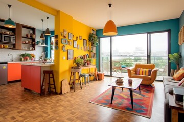 Interior of a modern kitchen with bright colorful decor. Interior of a stylish living room with vibrant multi colored design. 3d render of an apartment living space.