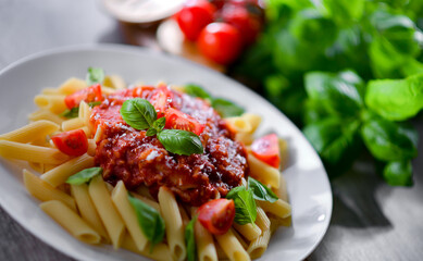 Composition with a plate of pasta penne rigate