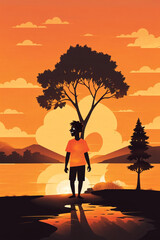 silhouette of a person walking on a sunset, summer vibes.