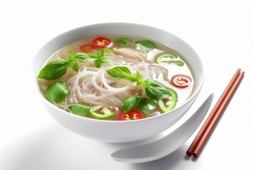 soup broth traditional background dish pho food asian noodle white bowl. Generative AI.