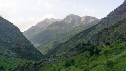 Fototapeta na wymiar Mountain landcape of a green valley and high mountains