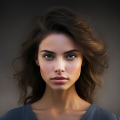 Fototapeta premium Fashion portrait of an young beautiful woman with long brown wavy hair and professional makeup. Glamour portrait of attractive woman with natural makeup and long curly hair, studio shot.