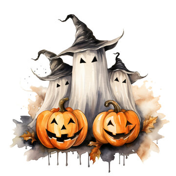 Halloween ghost pumpkins watercolor clipart