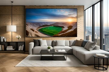 In a cozy apartment living room, a sleek and stylish flat-screen TV displays the exhilarating Finals of the Football World Championship on a sports channel.