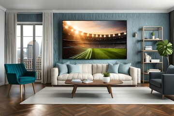 A modern living room with a large TV showcasing a thrilling Soccer Match on a Big Flat Screen Television Set. 
