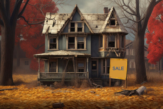 estate crisis depicted by decaying house on sale, generative ai